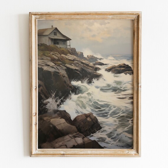 Rocky Coastal Cliffs Crashing Waves Seaside Cottage Art Poster
