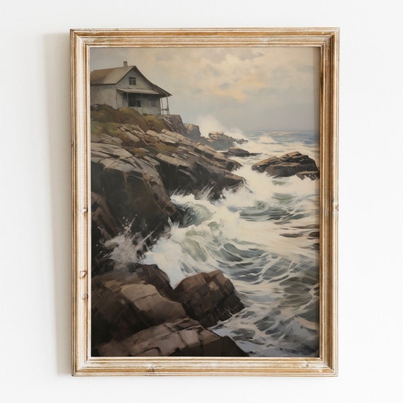 Vintage Coastal Landscape Painting Dark Coastal Cottage Oil Painting Moody Summer Print Coastal Print Ocean Beach Wall Art