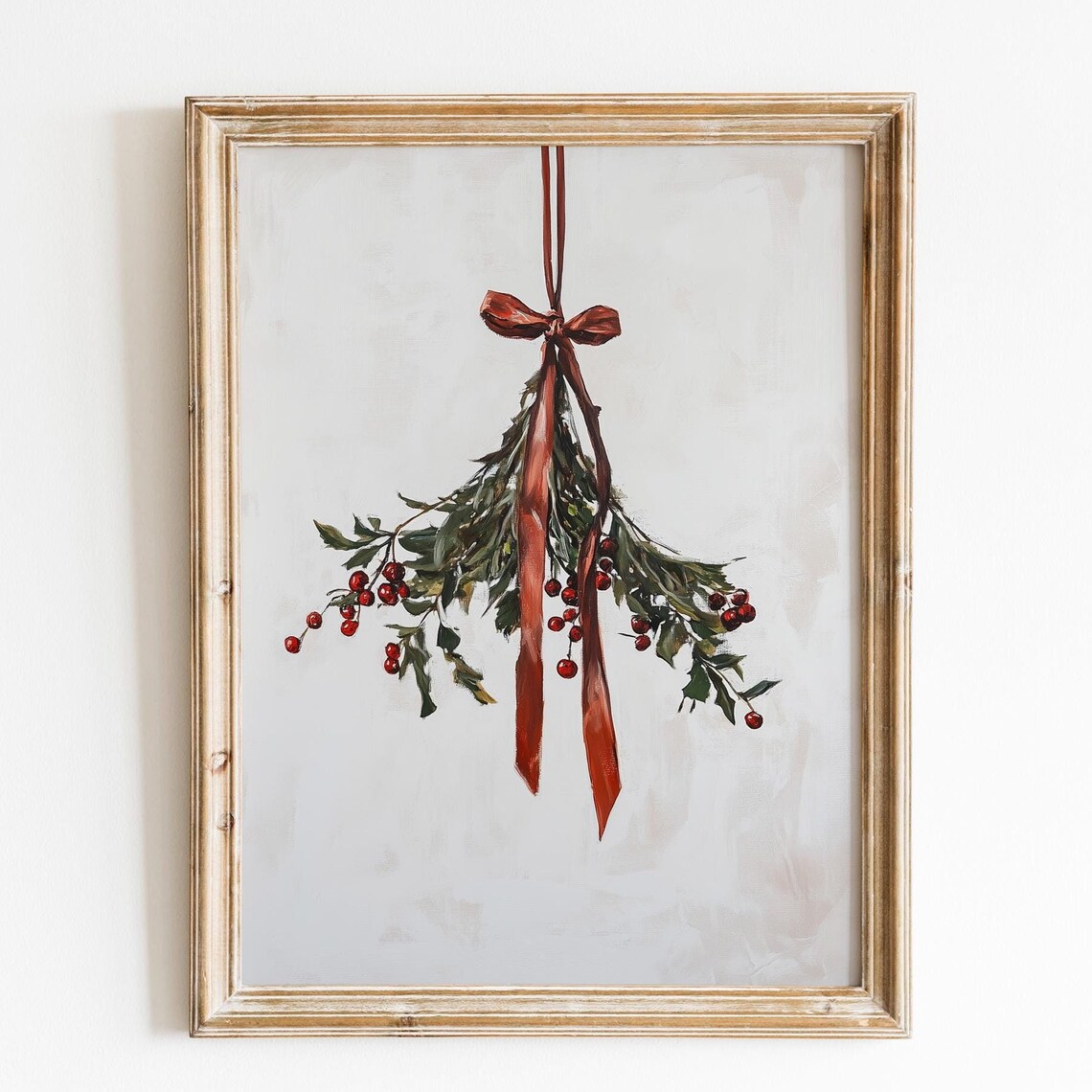 Red Berry Christmas Sprig Ribbon Vintage Botanical Holiday Wall Art