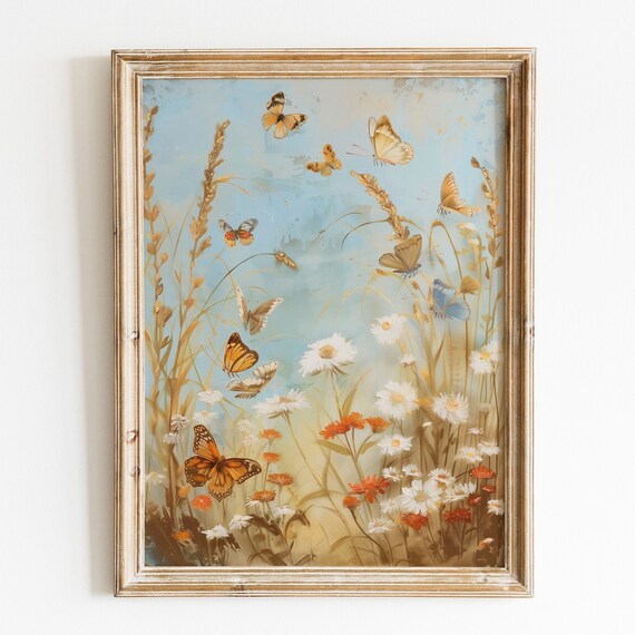 Butterfly Wildflower Field Vintage Summer Meadow Decor Wall Art