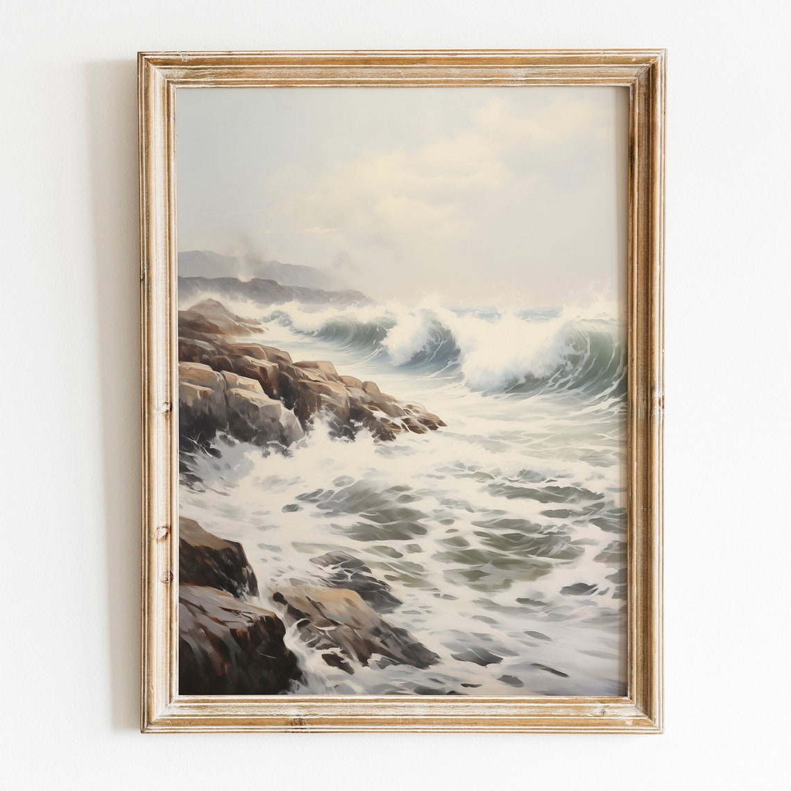 Rocky Coastline Waves Crashing Vintage Ocean Seascape Oil Poster
