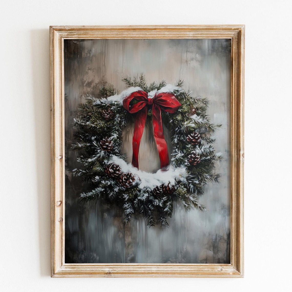 Snowy Christmas Wreath Red Bow Pinecones Rustic Winter Decor Poster