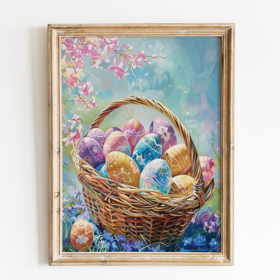 Painted Easter Egg Basket with Cherry Blossoms Spring Oil Print