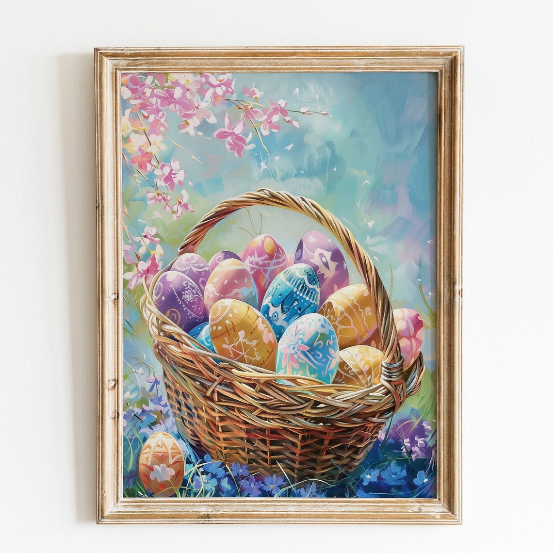 Painted Easter Egg Basket with Cherry Blossoms Spring Oil Print