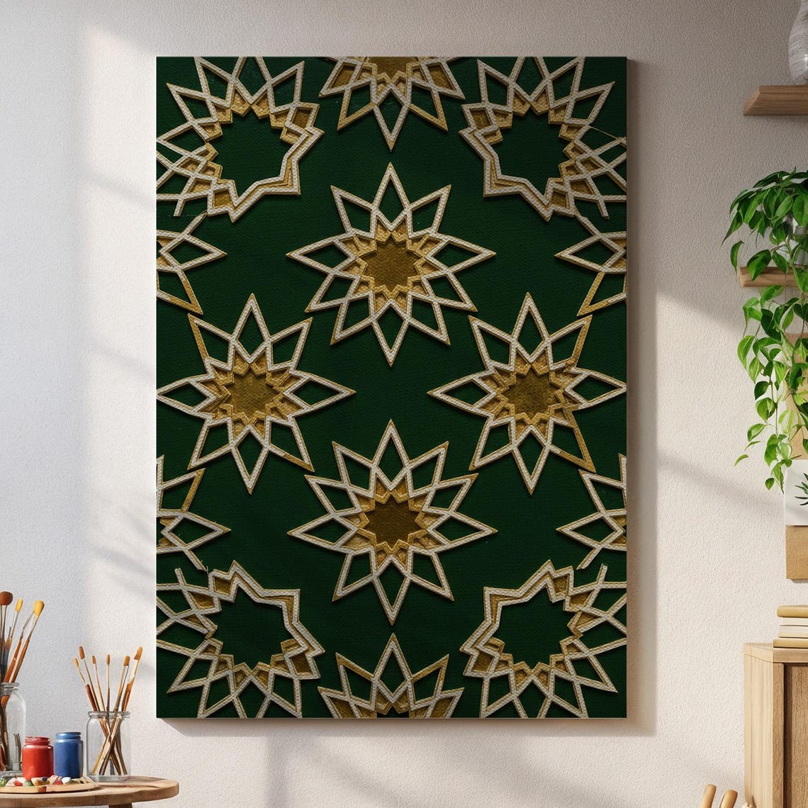 Green Gold Islamic Geometric Star Pattern Luxurious Arabesque Poster