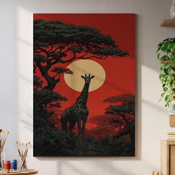African Sunset Wall Art Majestic Giraffe Silhouette Under Fiery Red Sky Modern Nature Canvas Print For Bold Contemporary Interiors