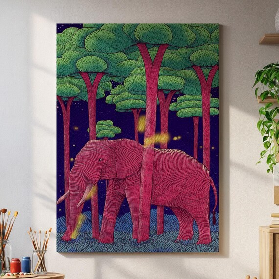 Pink Elephant In Magic Forest Art Print Bold Whimsical Animal Wall With Trees Stars Psychedelic Night Colors Jungle Decor Home