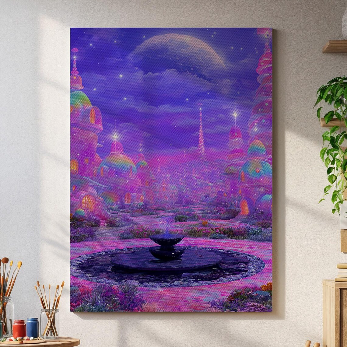 Cosmic Dream City Moonlit Purple Dome Fantasy Space Wall Art