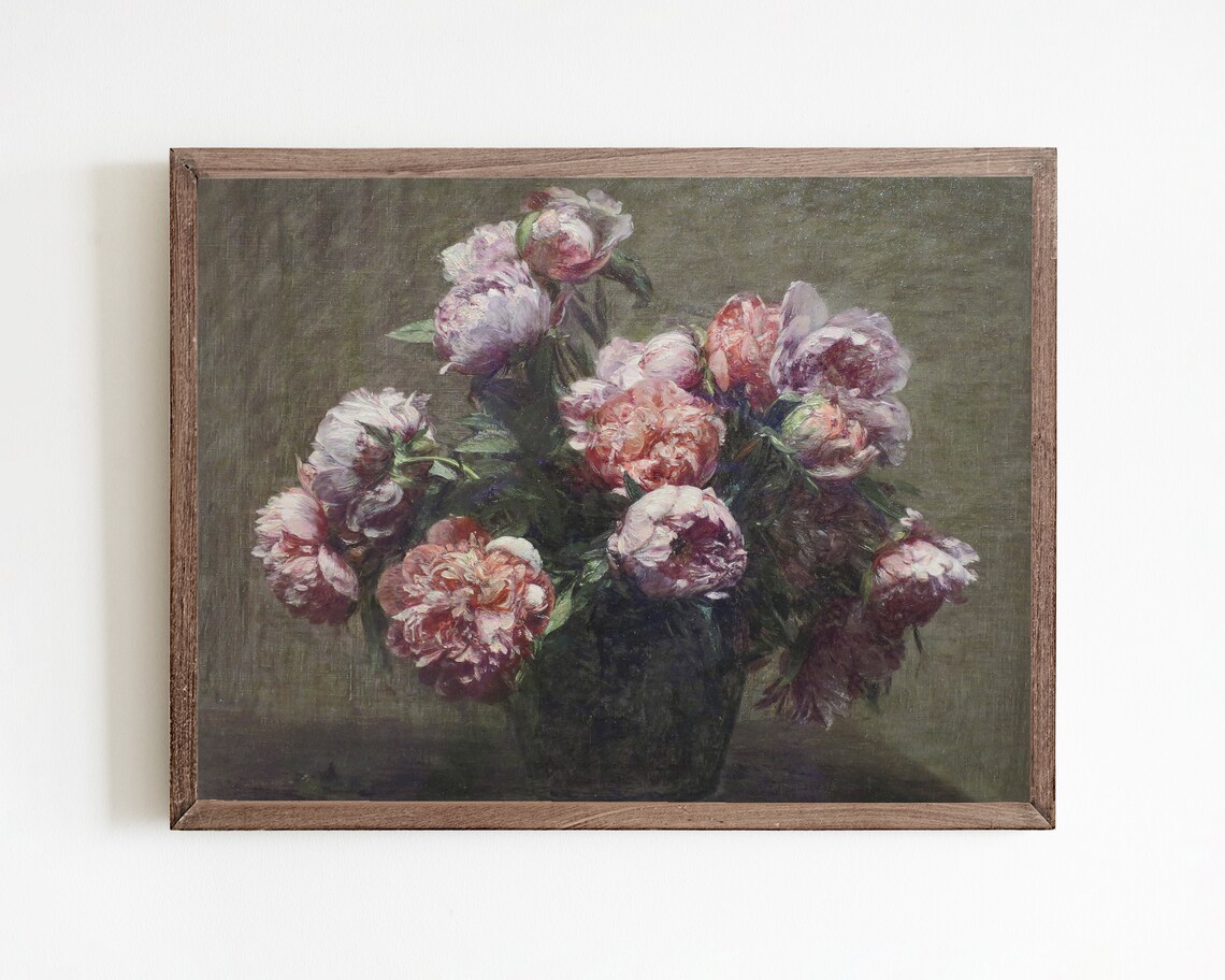 Vintage Peony Flower Painting, Farmhouse Art Print