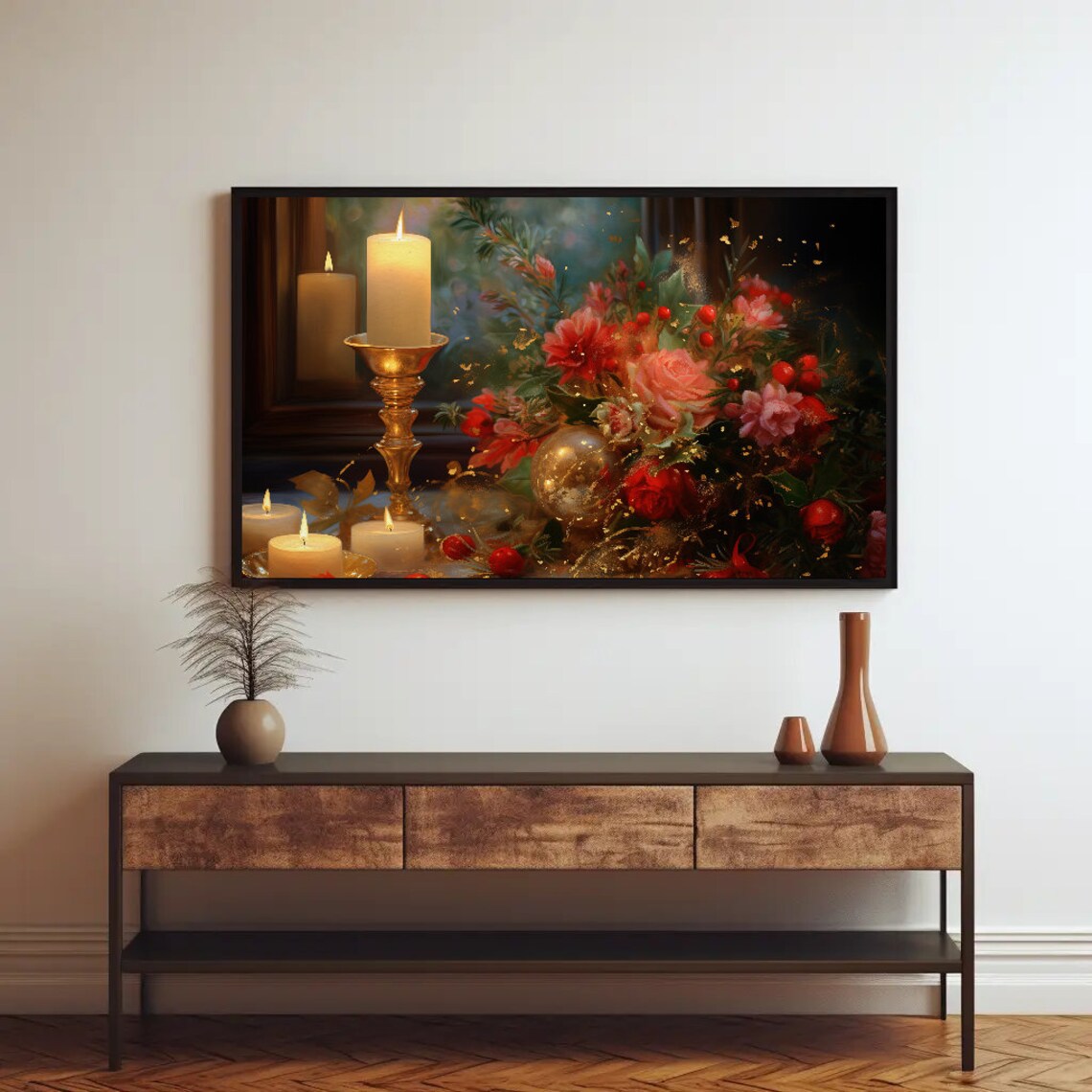 Christmas Candle and Red Rose Bouquet Festive Still Life Poster - Image 3