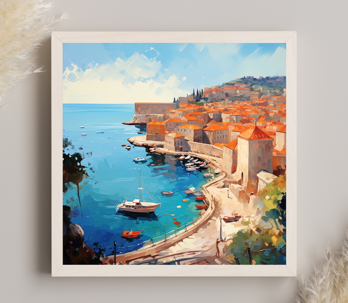 Dubrovnik Old Town Harbor Red Roofs Croatia Coast Travel Poster