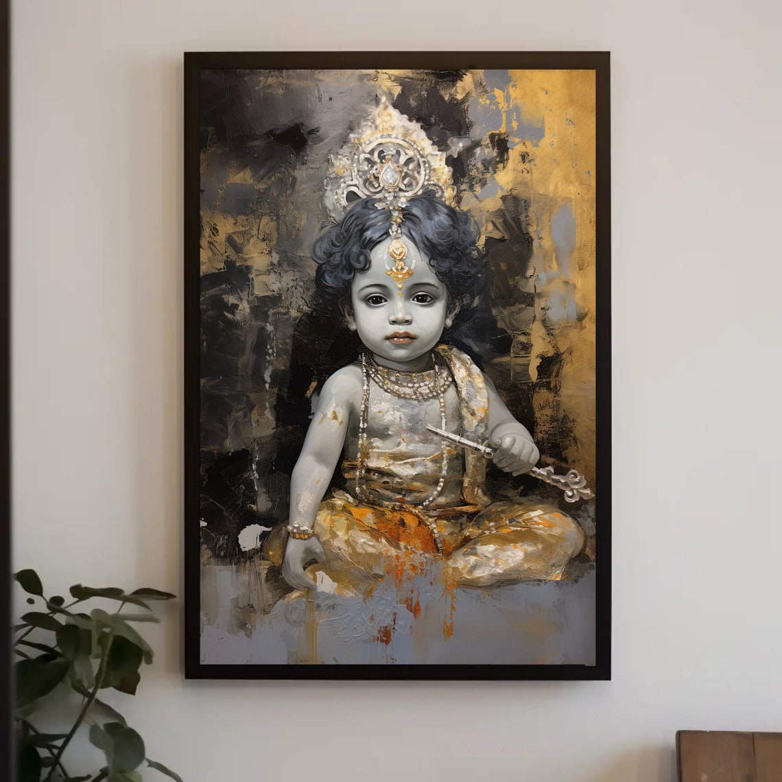 Baby Krishna in Gold and Black Hindu Deity Portrait Art Poster