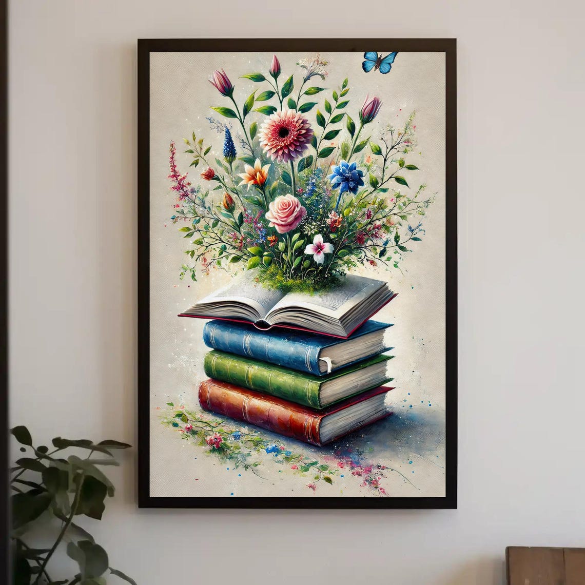 Stack of Vintage Books with Wildflowers Blooming from Pages Poster