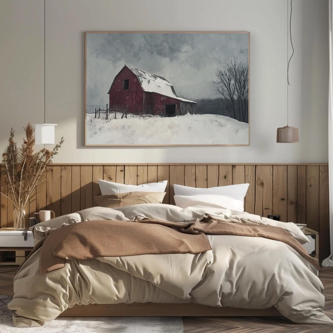 A Lonely Red Barn In Deep Winter Snow Under Gray Skies Poster - Image 3