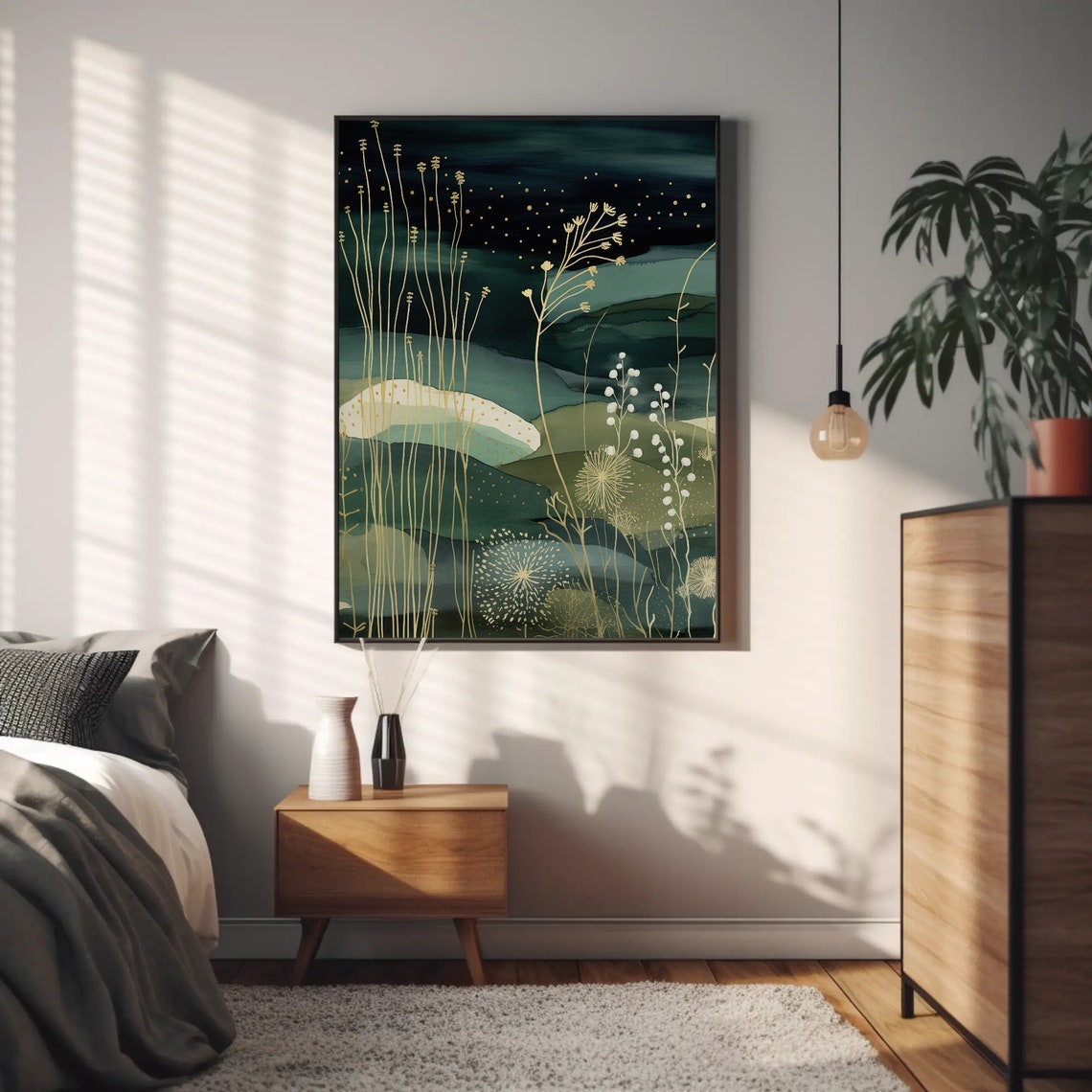 Golden Grasses Night Garden Dark Teal Botanical Artwork Poster - Image 4