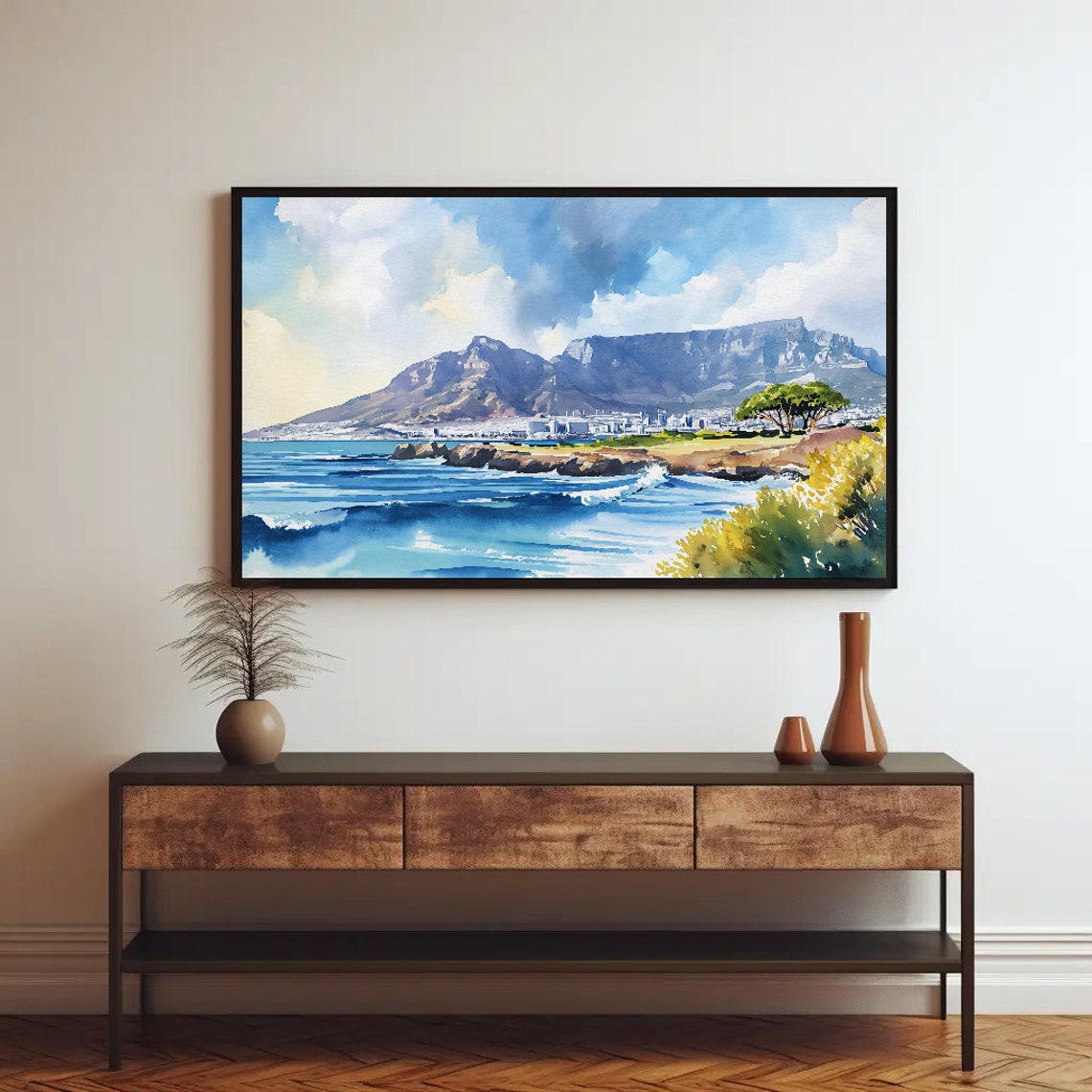 Cape Town Table Mountain Coastline Watercolor Landscape Poster - Image 2