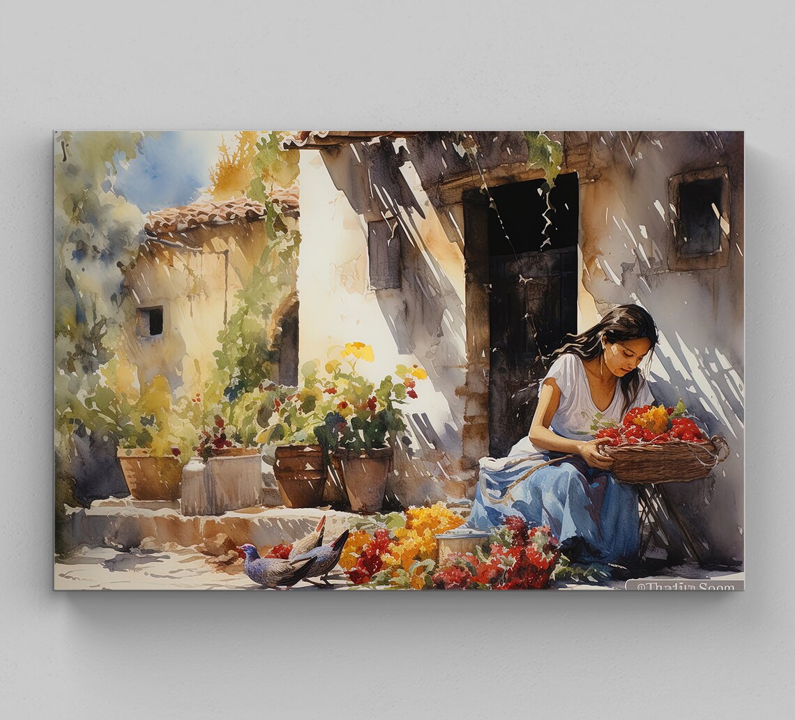 Mexican Flower Vendor Woman in a Sunlit Courtyard Watercolour Poster