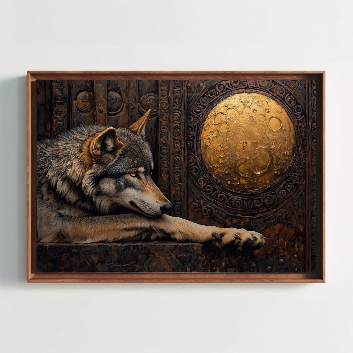 Wolf Beside An Ornate Carved Door With A Golden Moon Gothic Poster