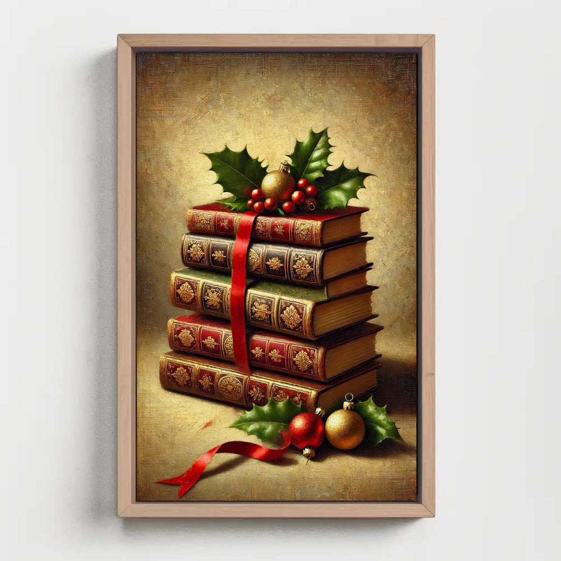 Vintage Christmas Books Stack With Holly And Ornaments Poster - Image 2
