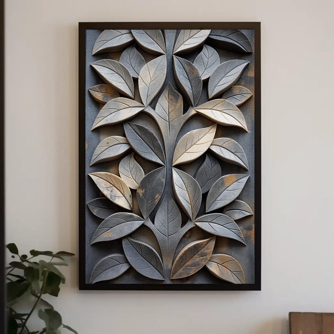 Carved Stone Leaf Relief In Grey And Gold Botanical Wall Art