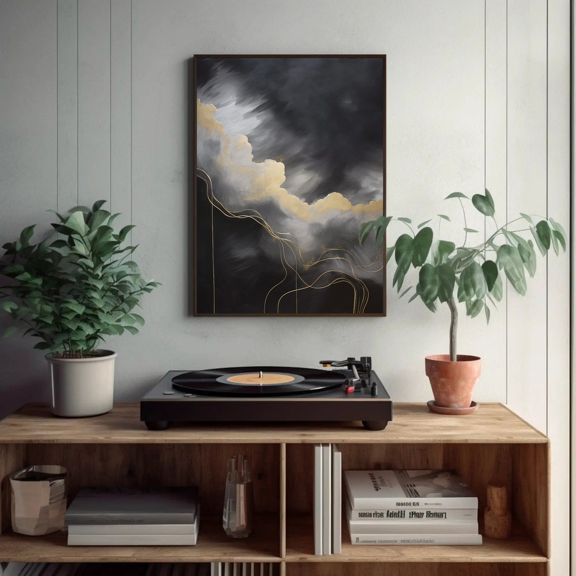 Golden Clouds Raining Gold Print Abstract Wall Art For Living Room And Bedroom Decor Large Golden Cloud Wall Art - Image 2