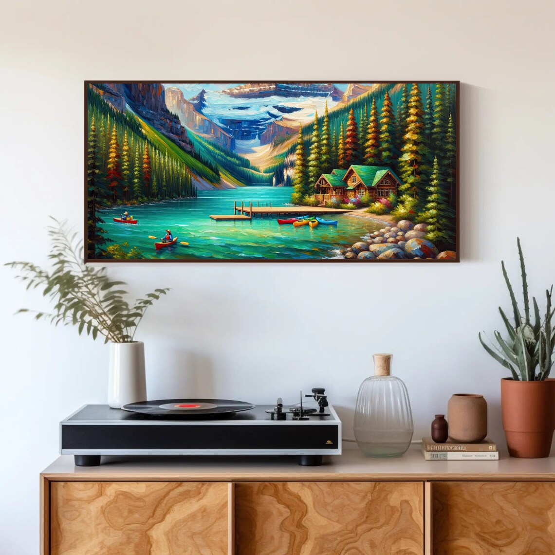 Sunny Alpine Lake Lodge With Colorful Canoes Oil Painting Poster - Image 5