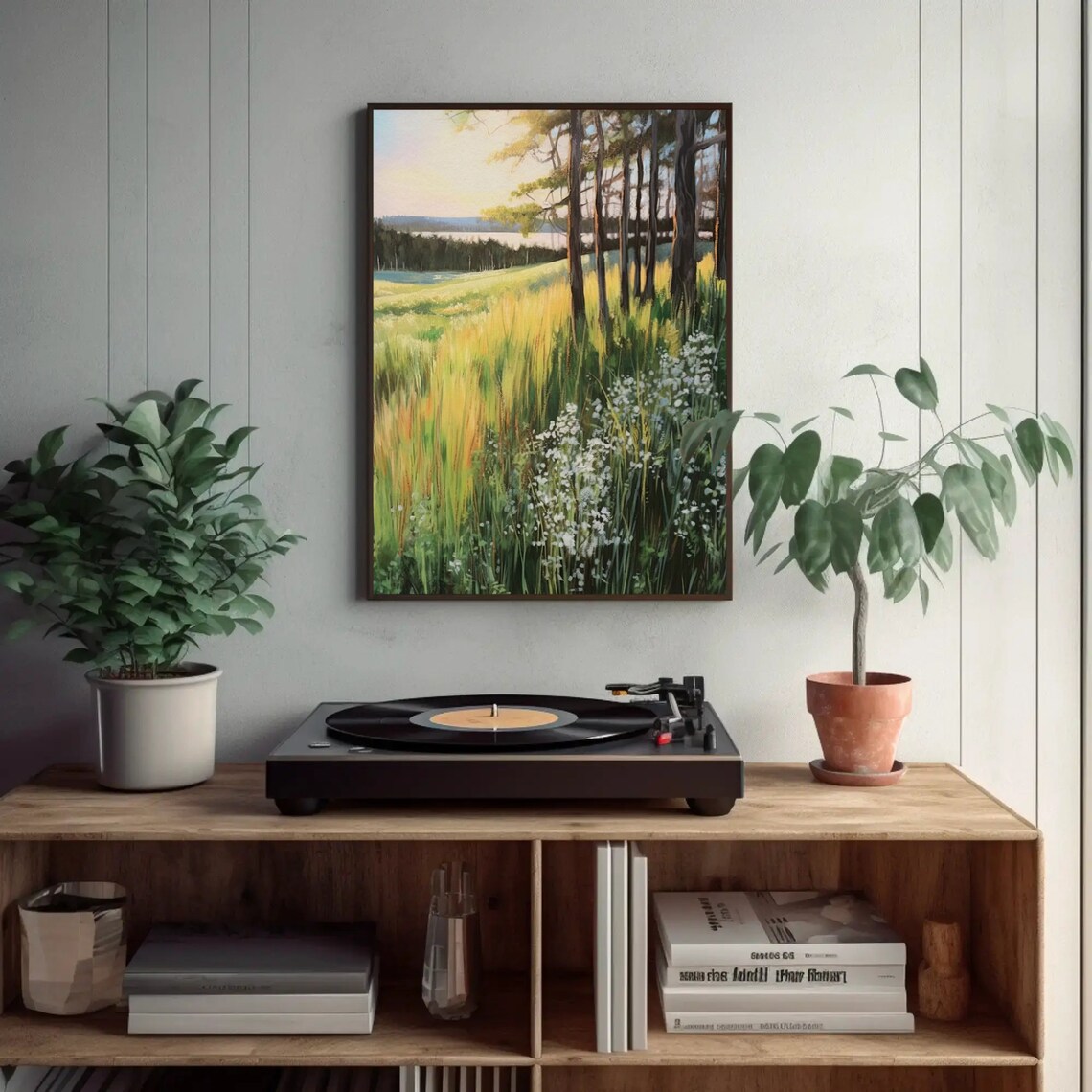 Spring Pine Forest Meadow With Lake Golden Landscape Art Poster - Image 2