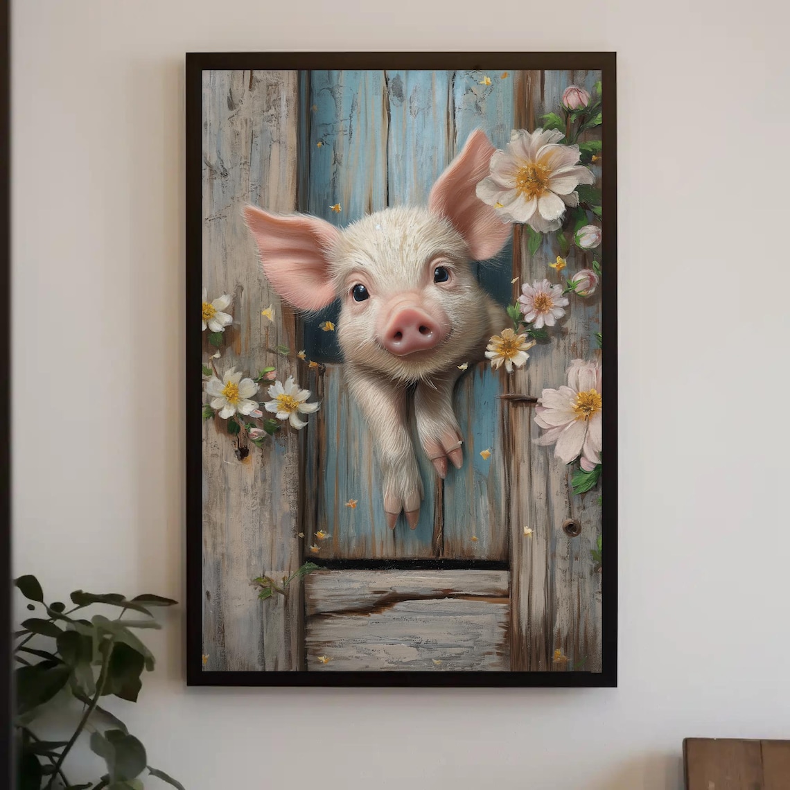 Cute Piglet Over Wooden Fence Whimsical Farm Animal Art Poster