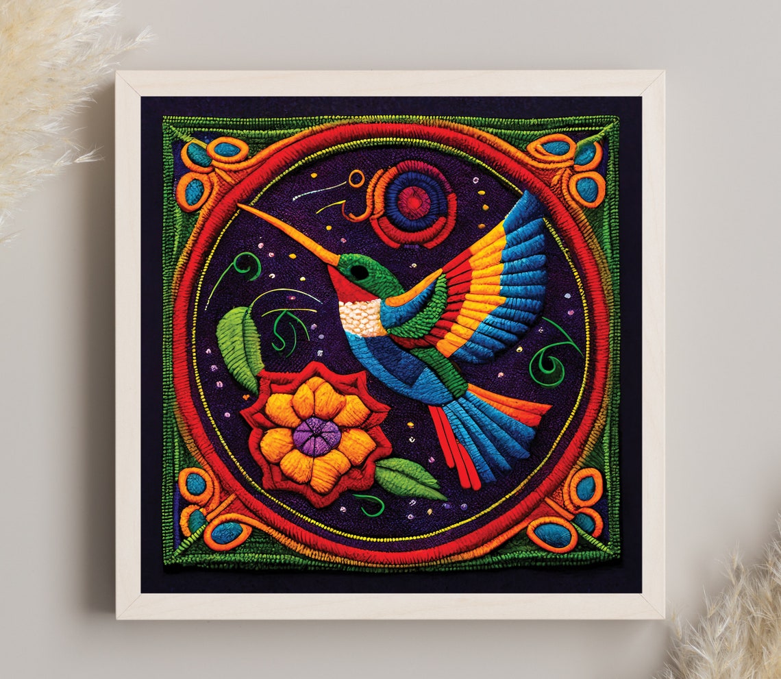 Huichol Hummingbird Embroidered Floral Mexican Folk Art Poster
