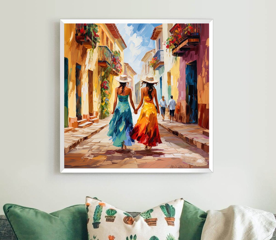Colombian Women Strolling Colorful Colonial Street Dresses Poster - Image 5