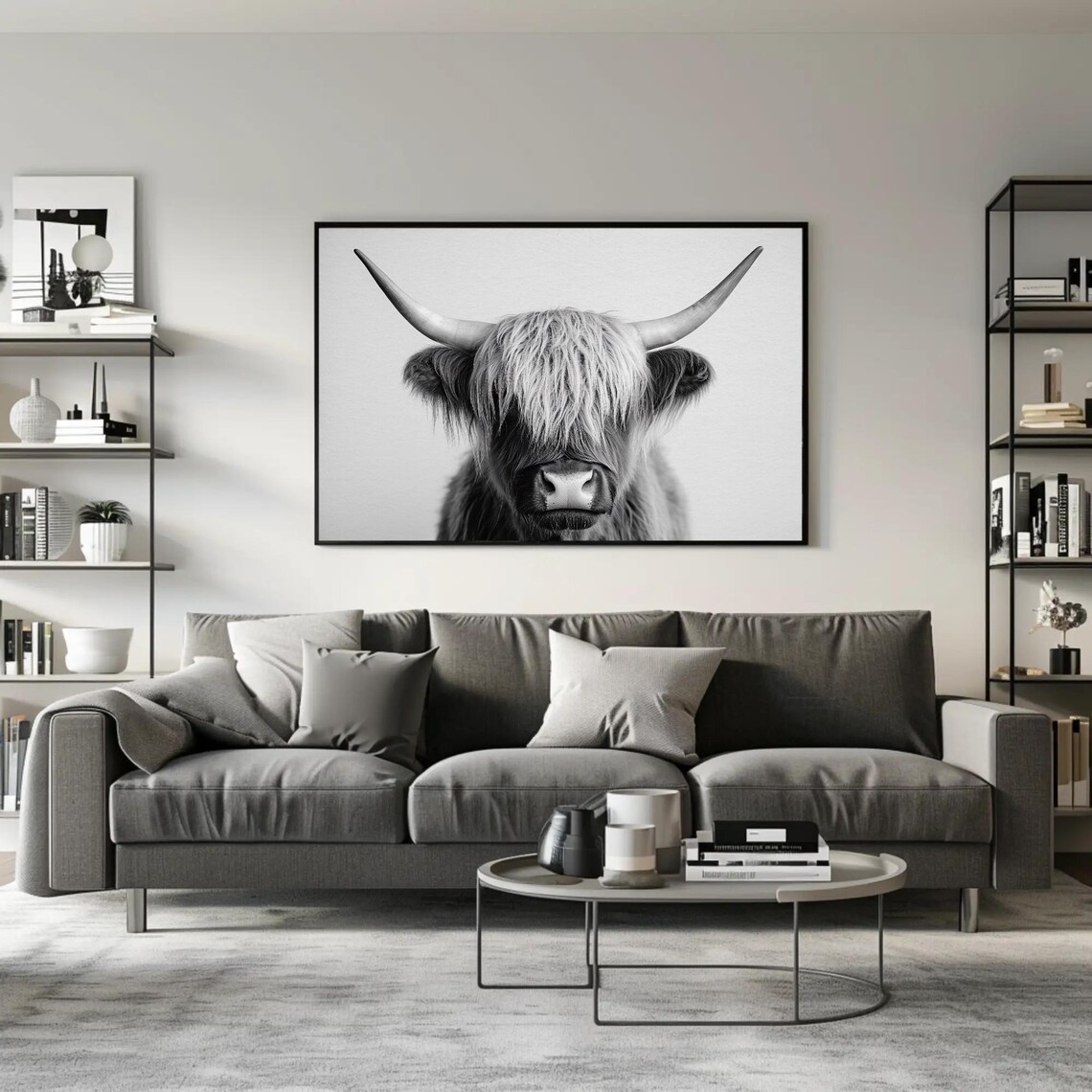 Black and White Highland Cow Portrait with Long Horns Poster - Image 2