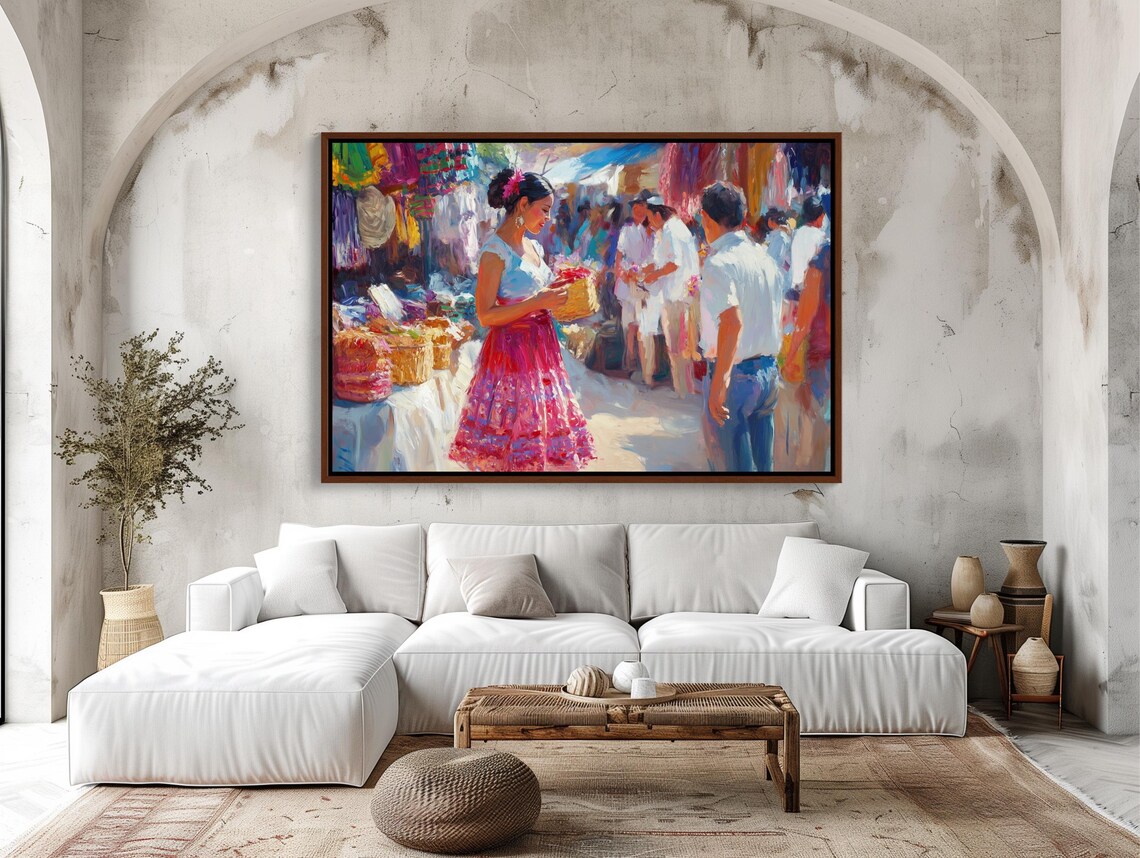 Mexican Woman at a Vibrant Outdoor Market with Basket Scene Poster - Image 2