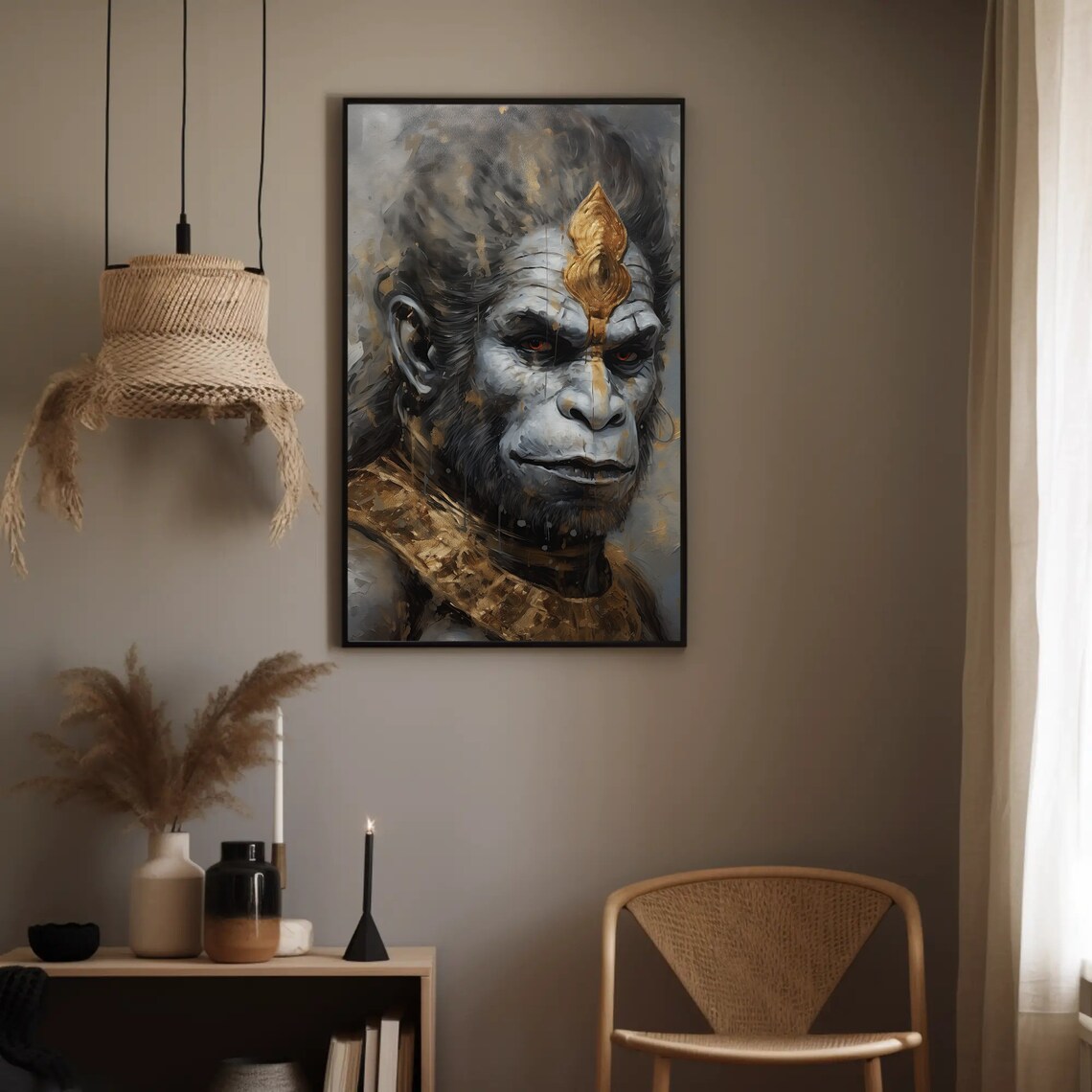 Lord Hanuman Portrait Poster Grey and Gold Hindu Monkey God Art - Image 4