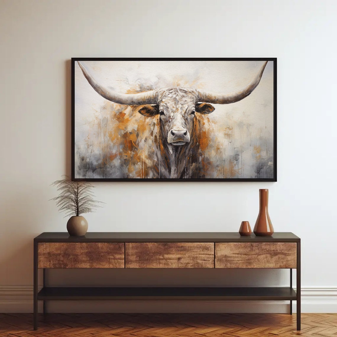 Abstract Texas Longhorn Portrait in Muted Gold and Gray Poster - Image 2