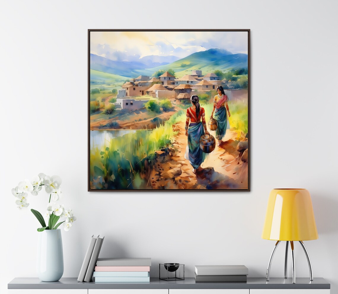 Women Carrying Water Pot To Village Painting Indian Art India Wall Art Square Art Print Desi Wall Art Indian Home Decor - Image 3