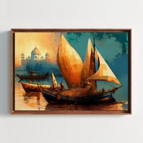 Taj Mahal Ancient Indian Harbour Painting Boats In Yamuna River Near Taj Mahal Large Art For Indian Home Decor