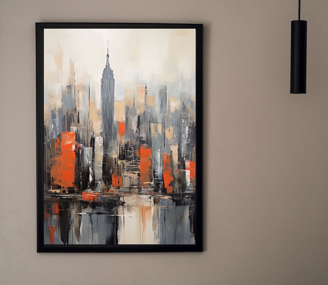 New York City Abstract Gray Orange Skyline Empire State Poster - Image 4