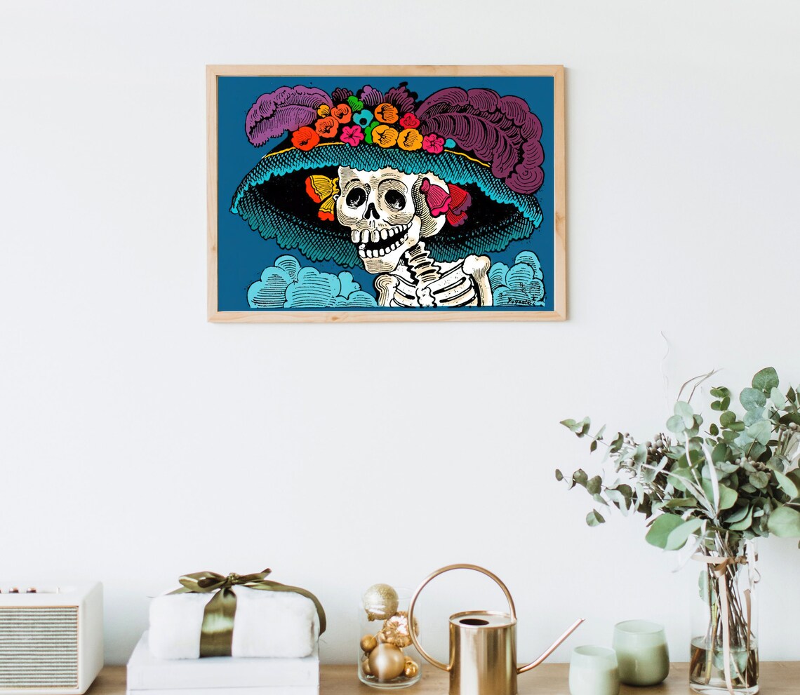 La Calavera Catrina Day Of The Dead Blue Mexican Folk Art Poster - Image 5