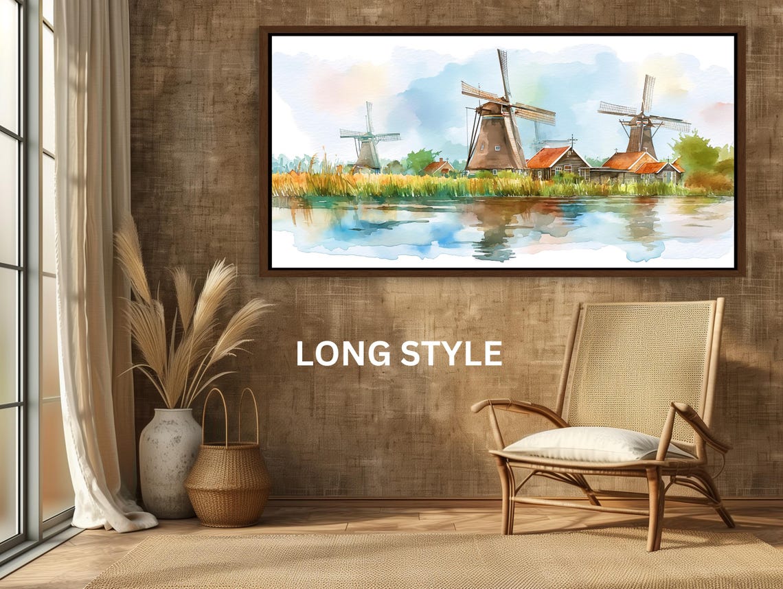 Dutch Windmills River Reflections Watercolor Countryside Poster - Image 5