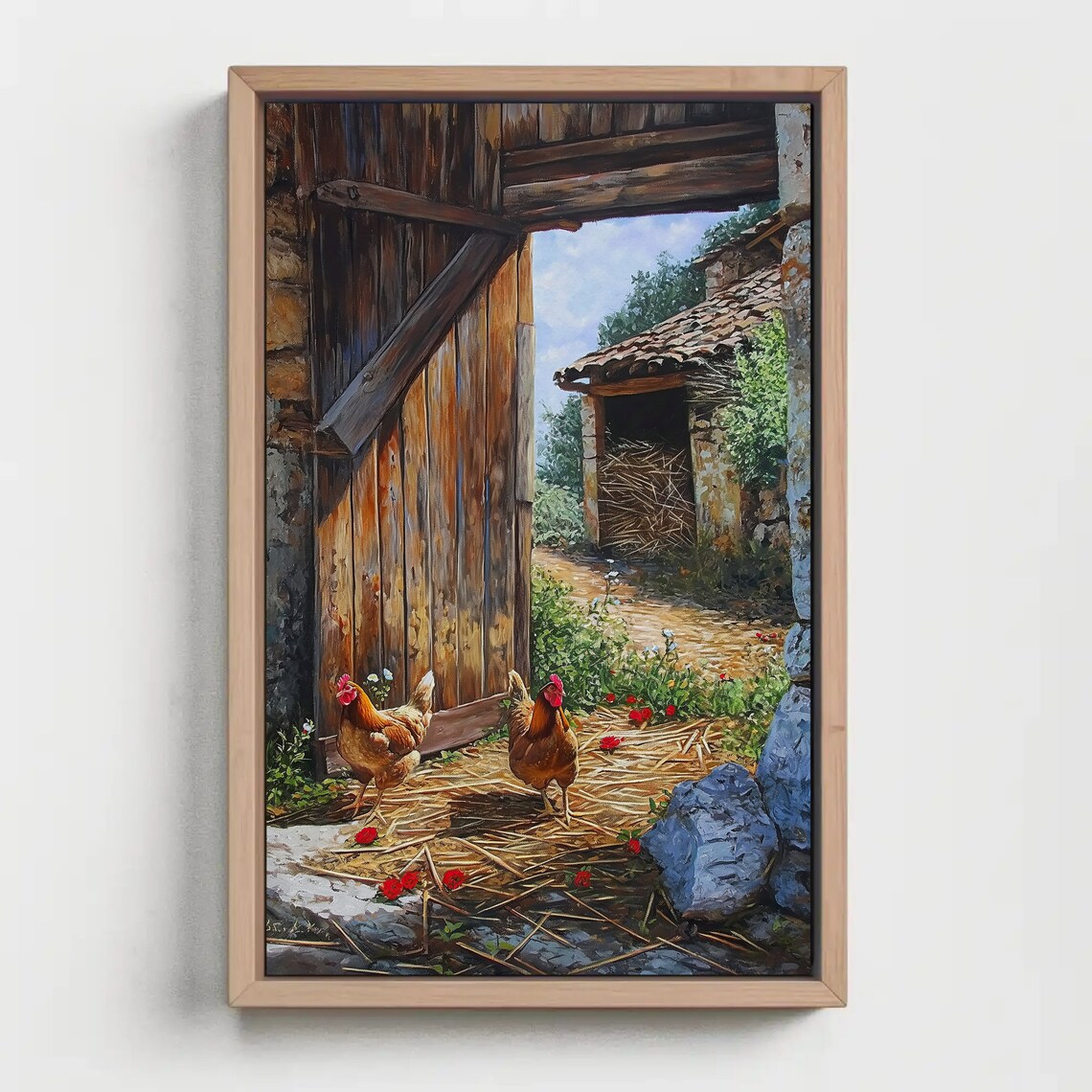 Chickens At The Barn Door Rustic Farmhouse Oil Painting Poster - Image 2