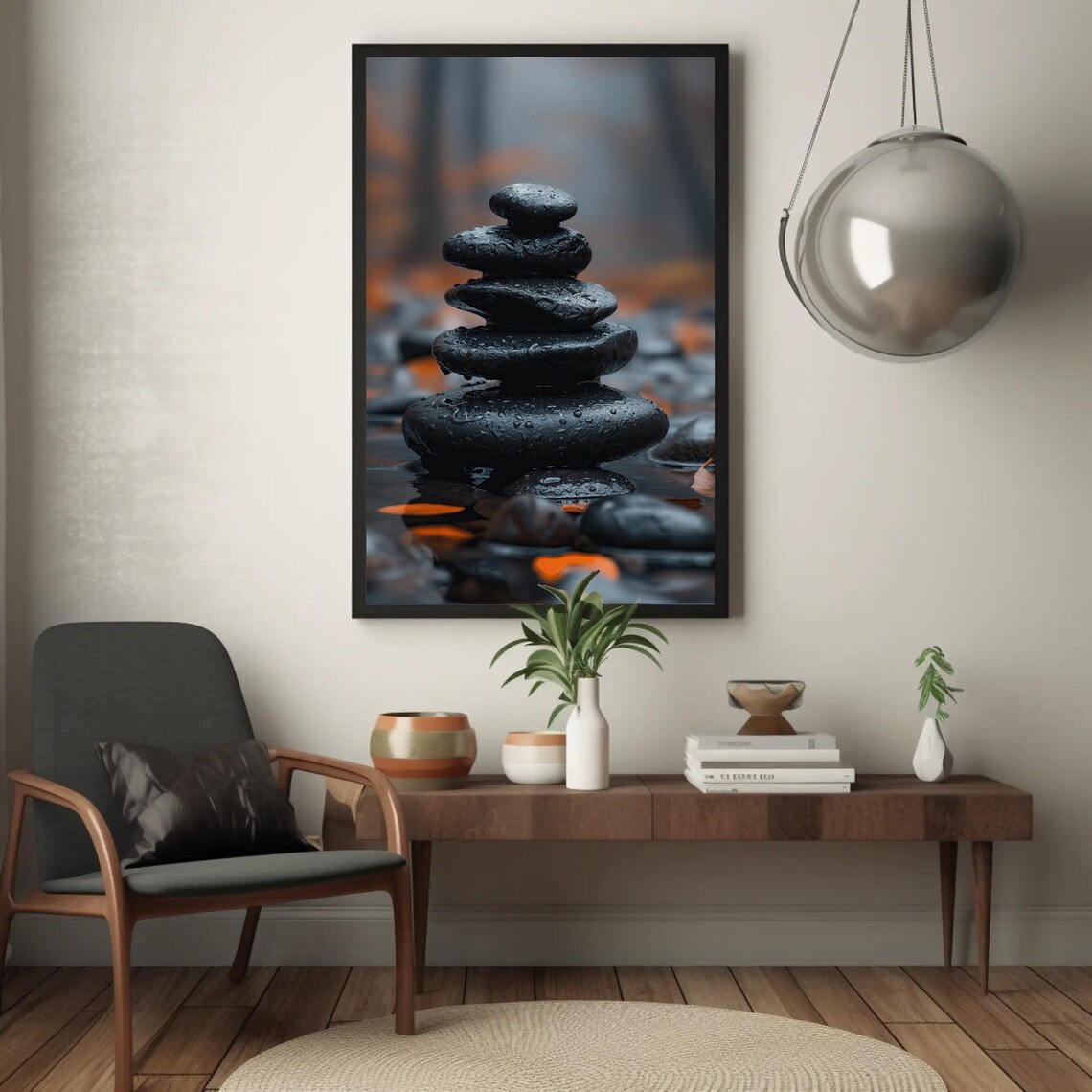 Balanced Black Zen Stones Cairn With Water Droplets Art Print - Image 3