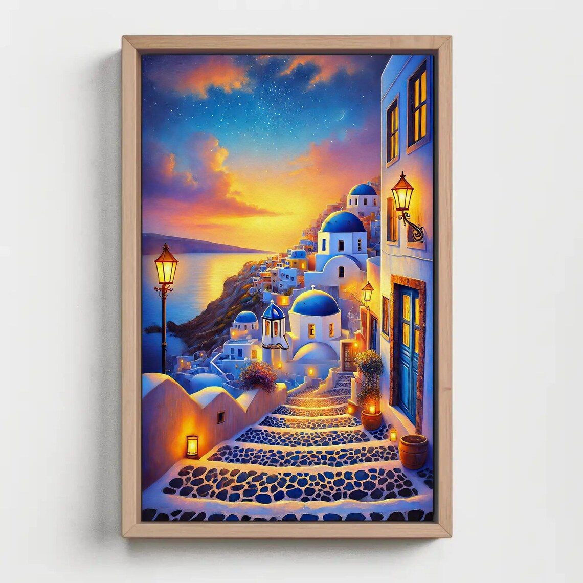 Santorini Evening Starry Sky Painting, Greek Coastal Art Print - Image 3