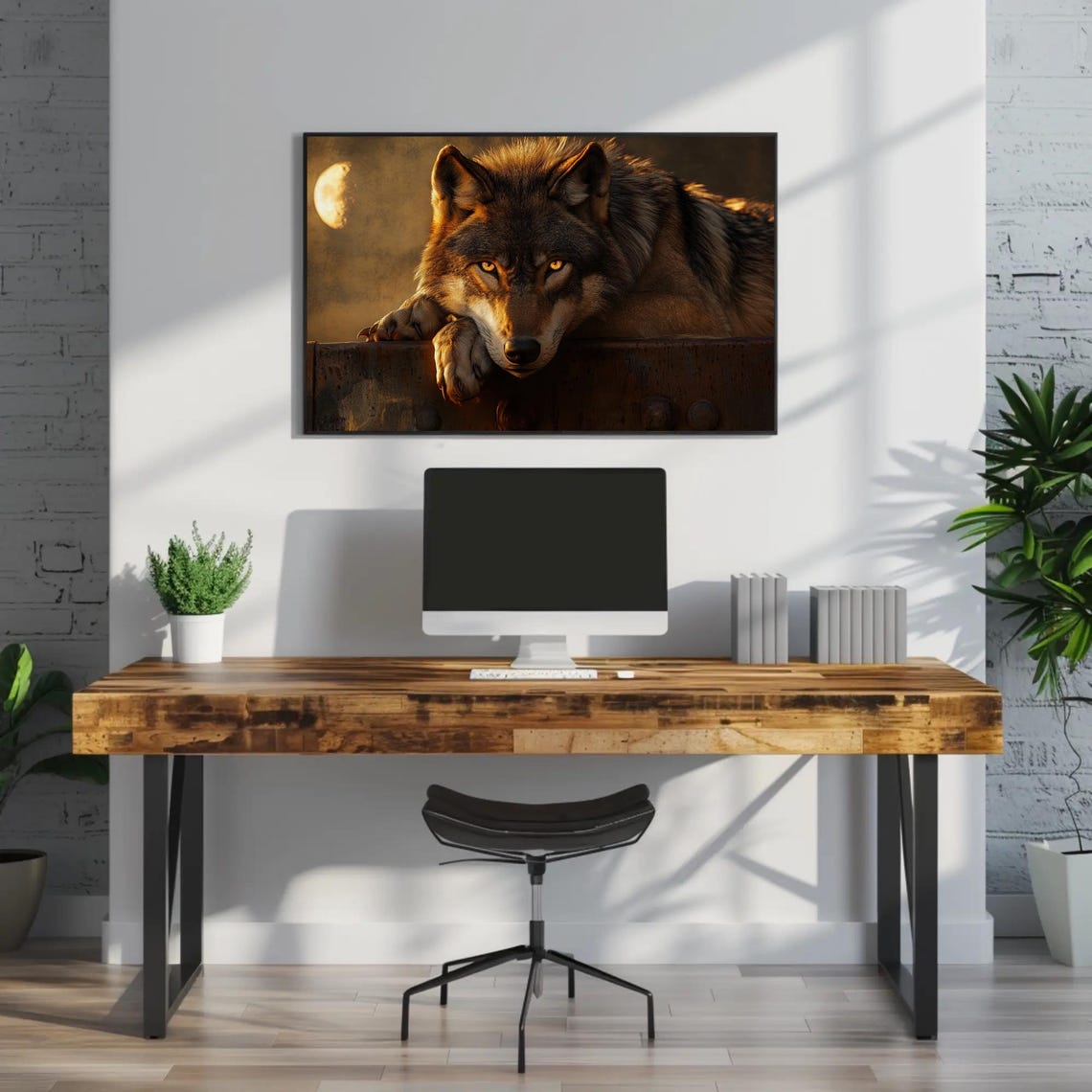 Wolf Resting Under A Half Moon Mystical Night Wildlife Art Poster - Image 2