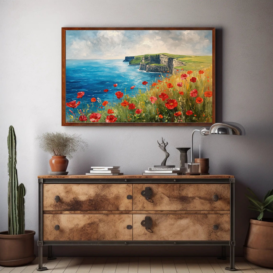 Cliffs of Moher Ireland Watercolor with Red Poppies Wall Poster - Image 2