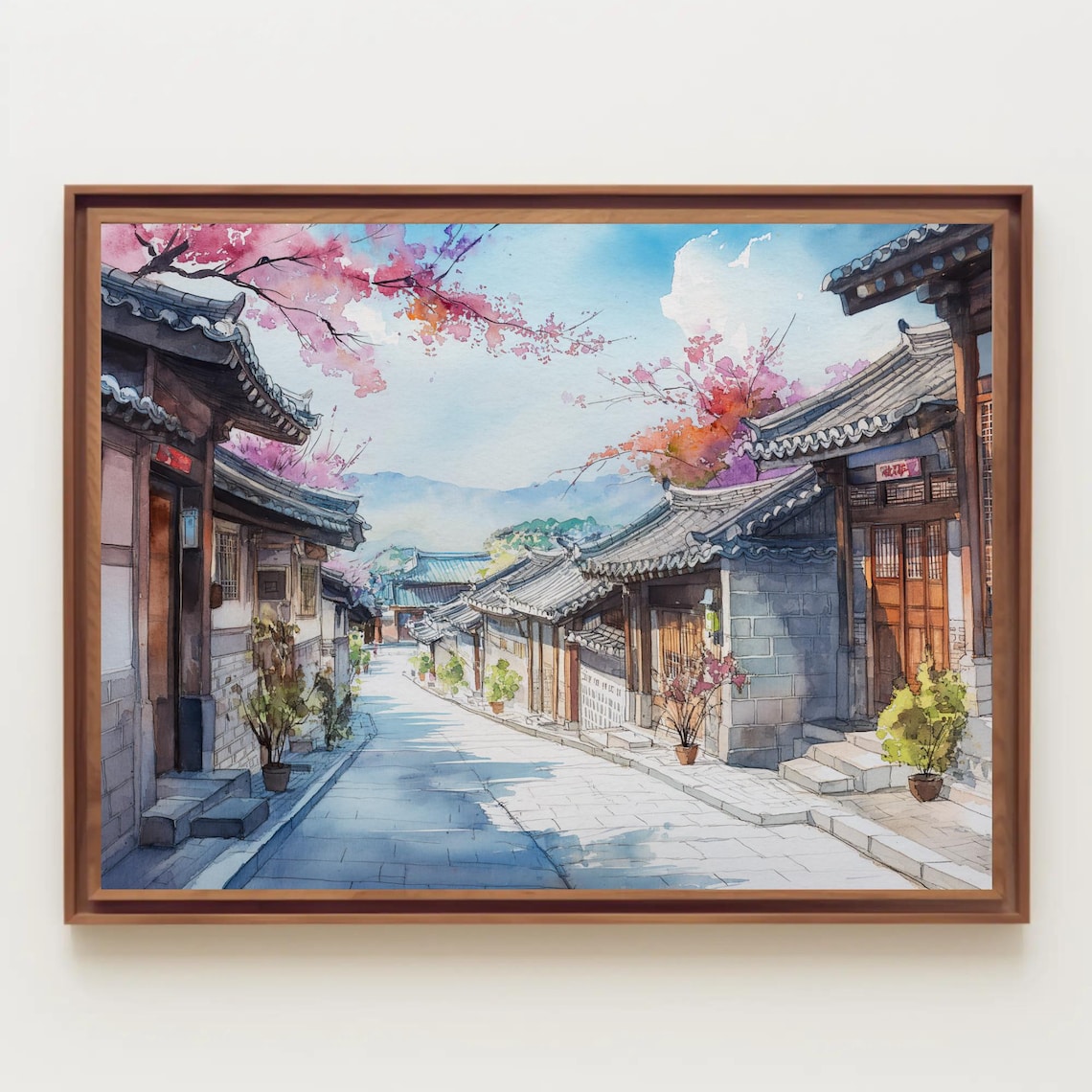 Korean Hanok Street With Cherry Blossoms Watercolor Travel Poster