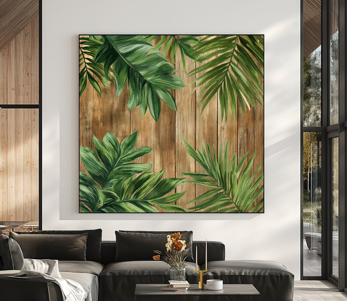 Tropical Green Palm Leaf Painting on Rustic Wood Farmhouse Poster