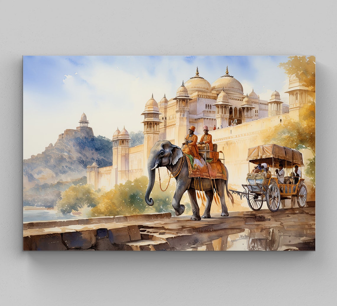 Indian Elephant Procession at a Royal Palace Watercolour Poster