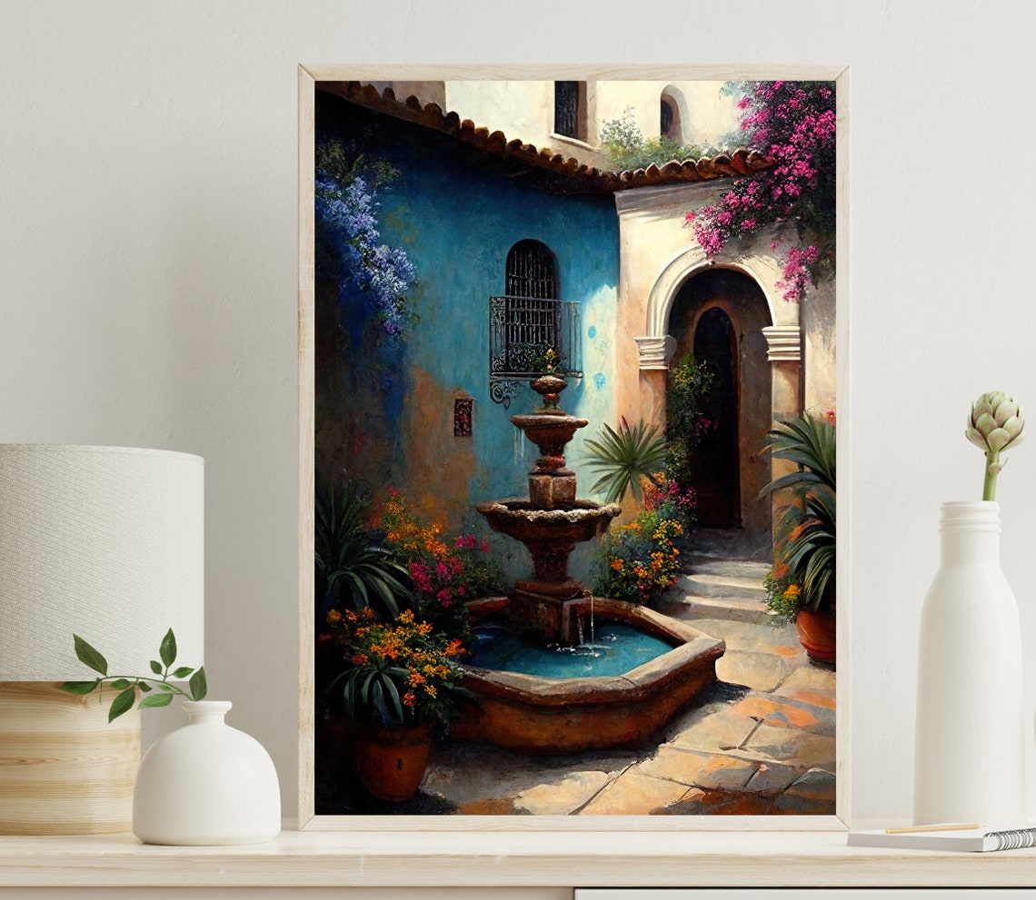 Mexican Courtyard With Stone Fountain and Bougainvillea Poster