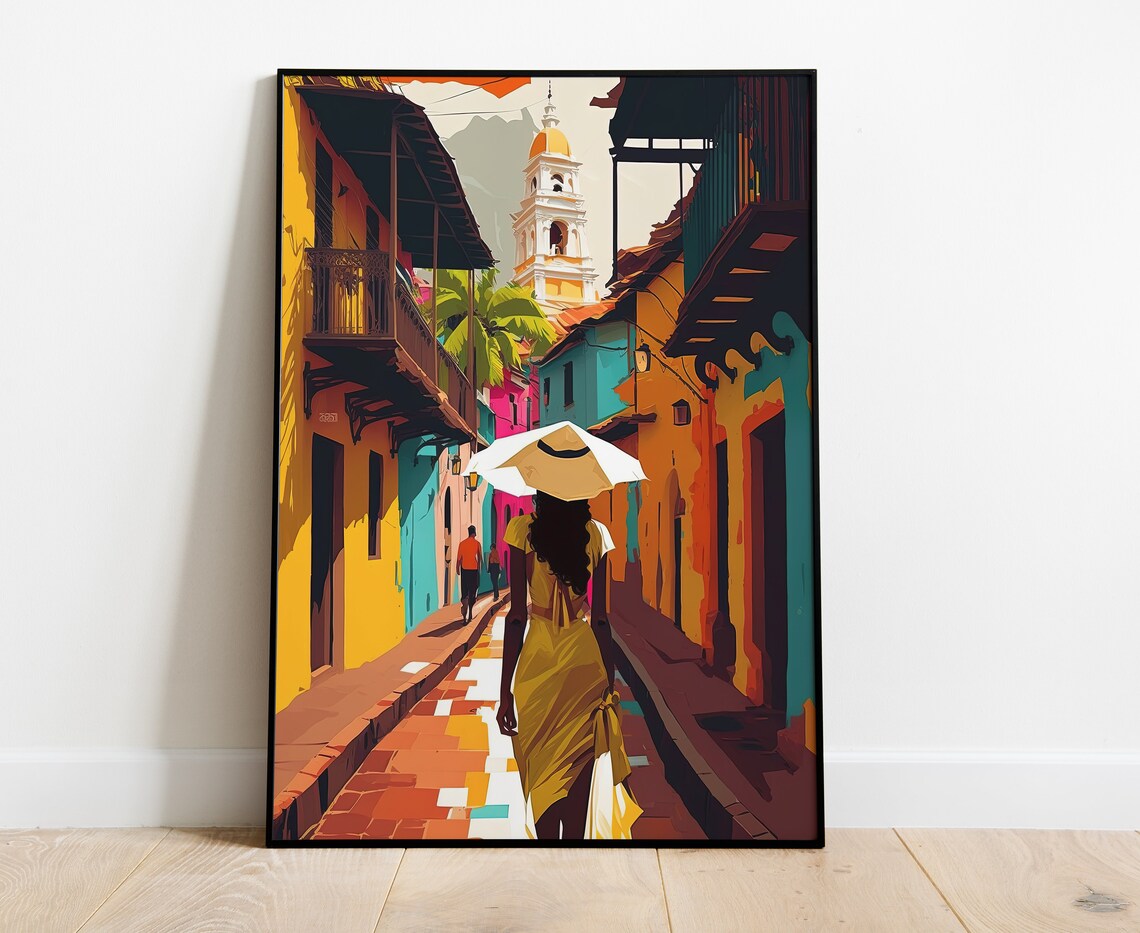 Colombia Colonial Street Bell Tower Woman With Parasol Art Poster - Image 4