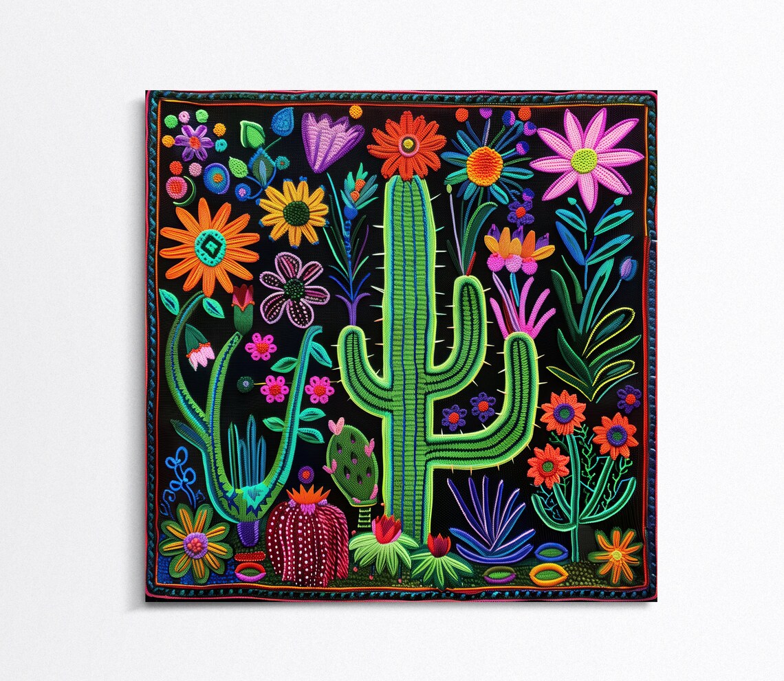 Desert Cactus and Wildflowers Huichol Yarn Art Poster Black Background - Image 2